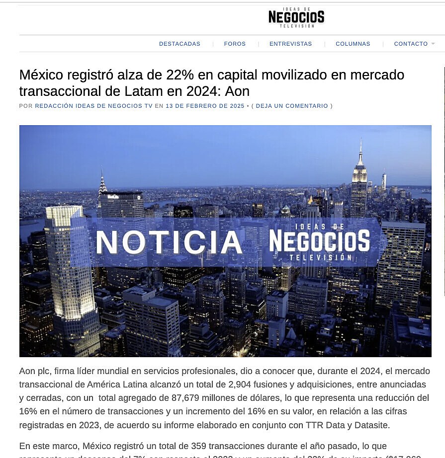 M�xico registr� alza de 22% en capital movilizado en mercado transaccional de Latam en 2024: Aon